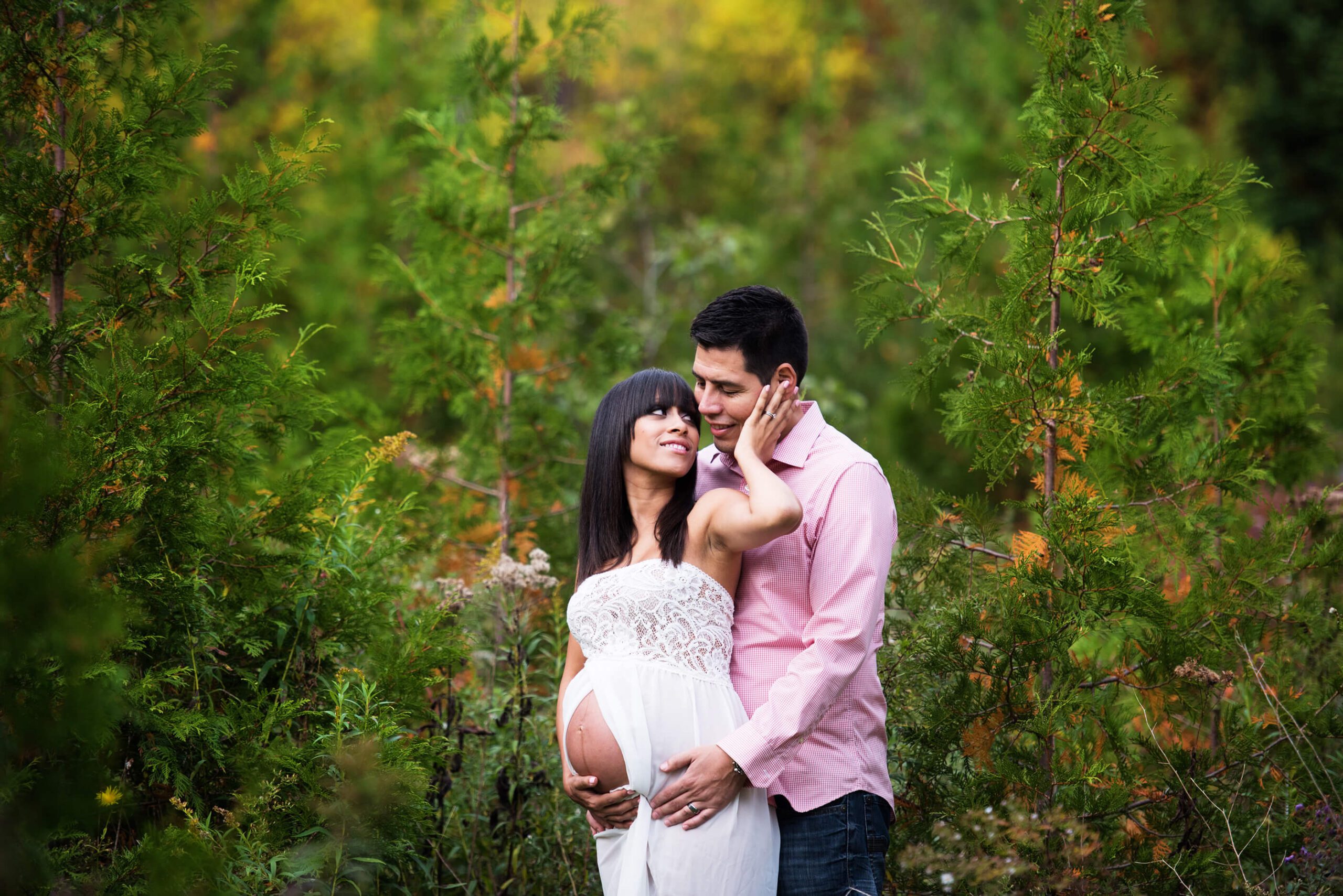 Burlington Newborn Photographer Outdoor Maternity Session in the Woods In Fall With White Maternity Dress