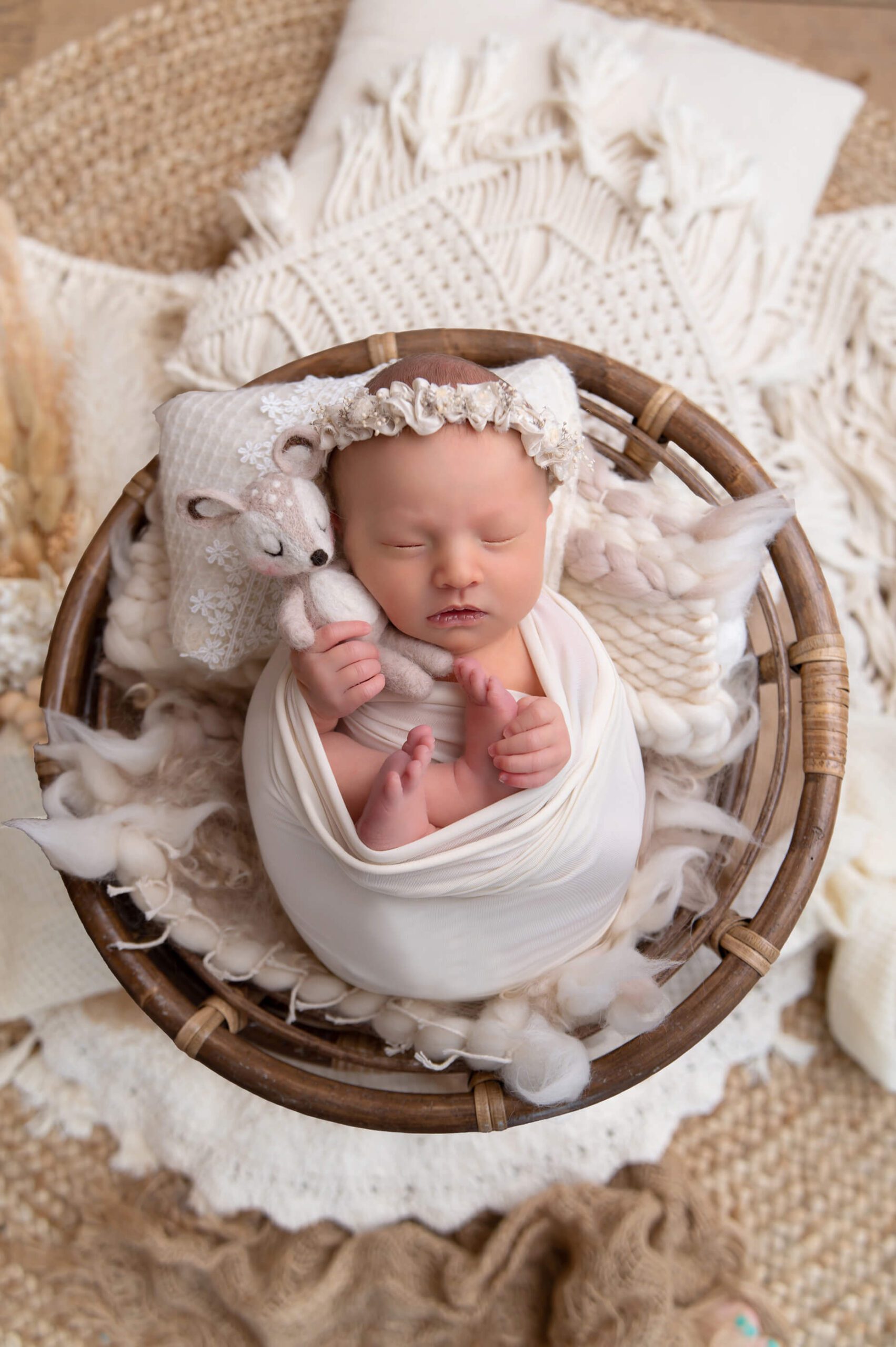boho girl newborn photo with lovey fawn and pampas
