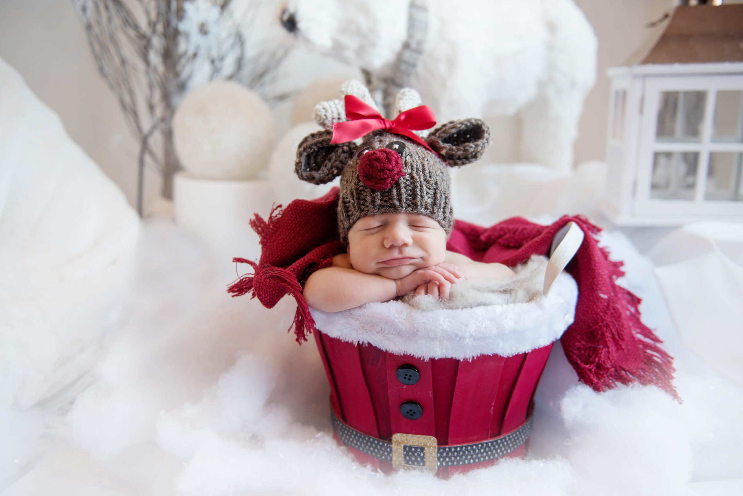 Toronto Newborn Photography Winter Wonderland Rudolph Santa Bucket