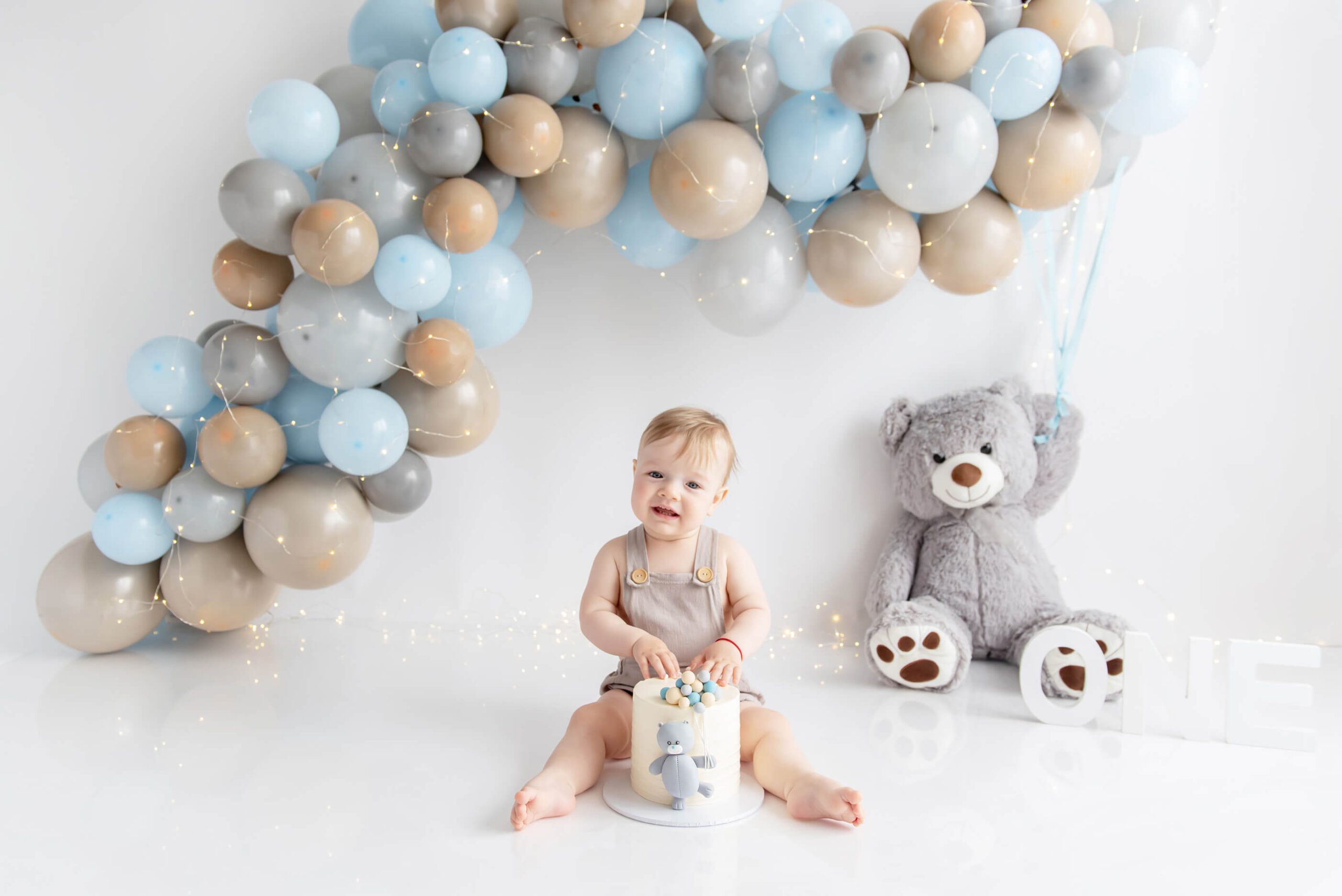 brown and blue teddybear cake smash Hamilton Photography