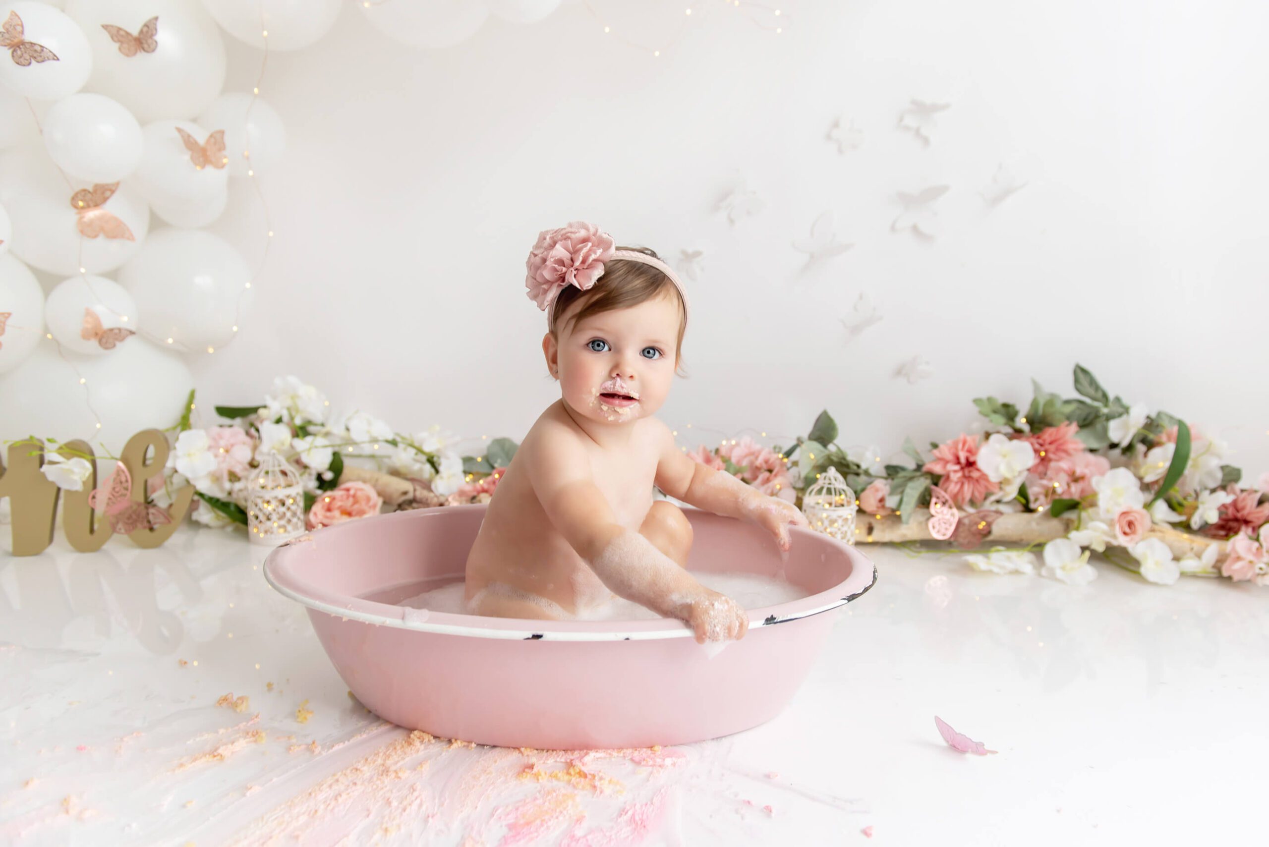 Bubble Bath after first birthday pink butterfly floral cake smash Hamilton