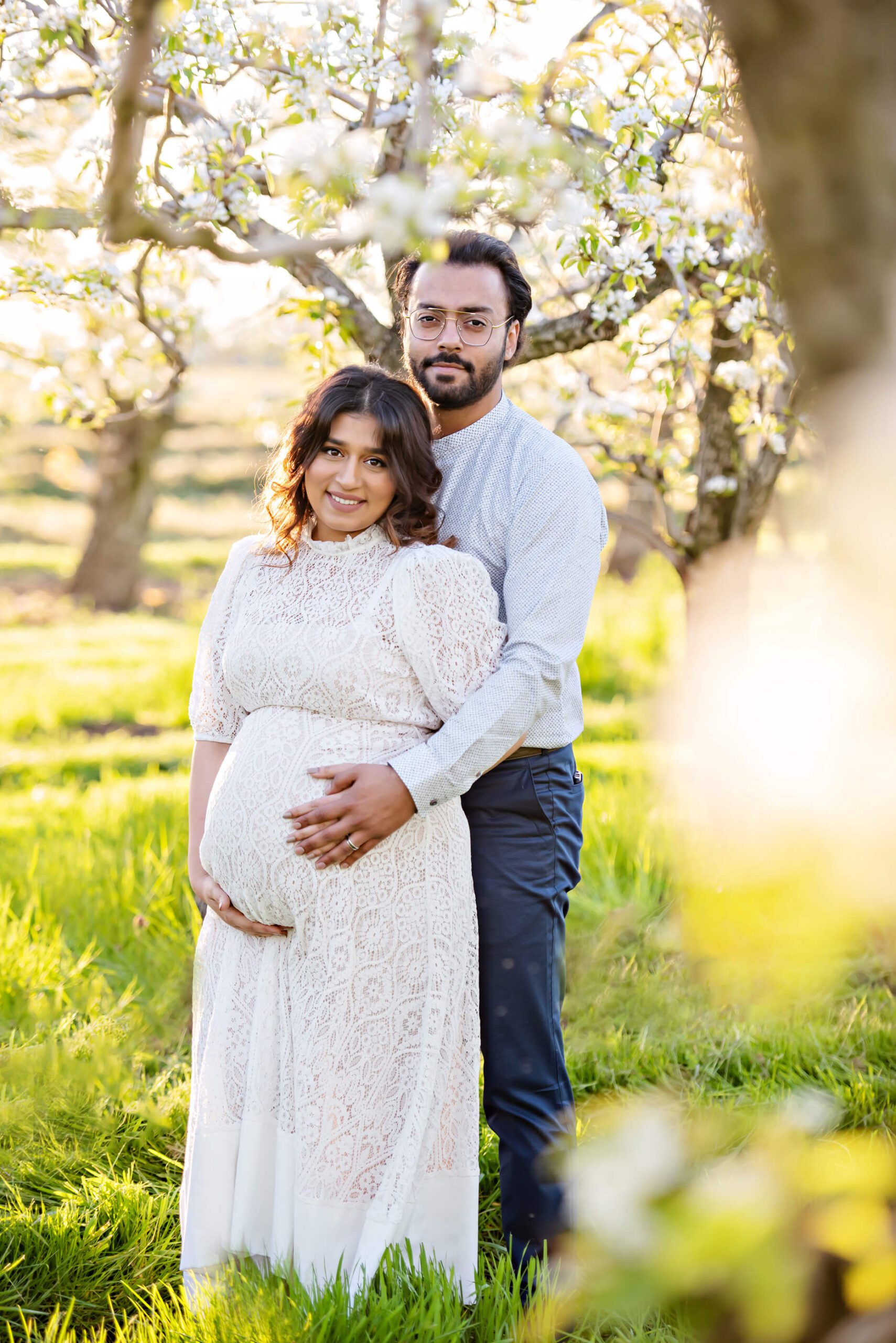 white cherry blossom tree maternity photography session