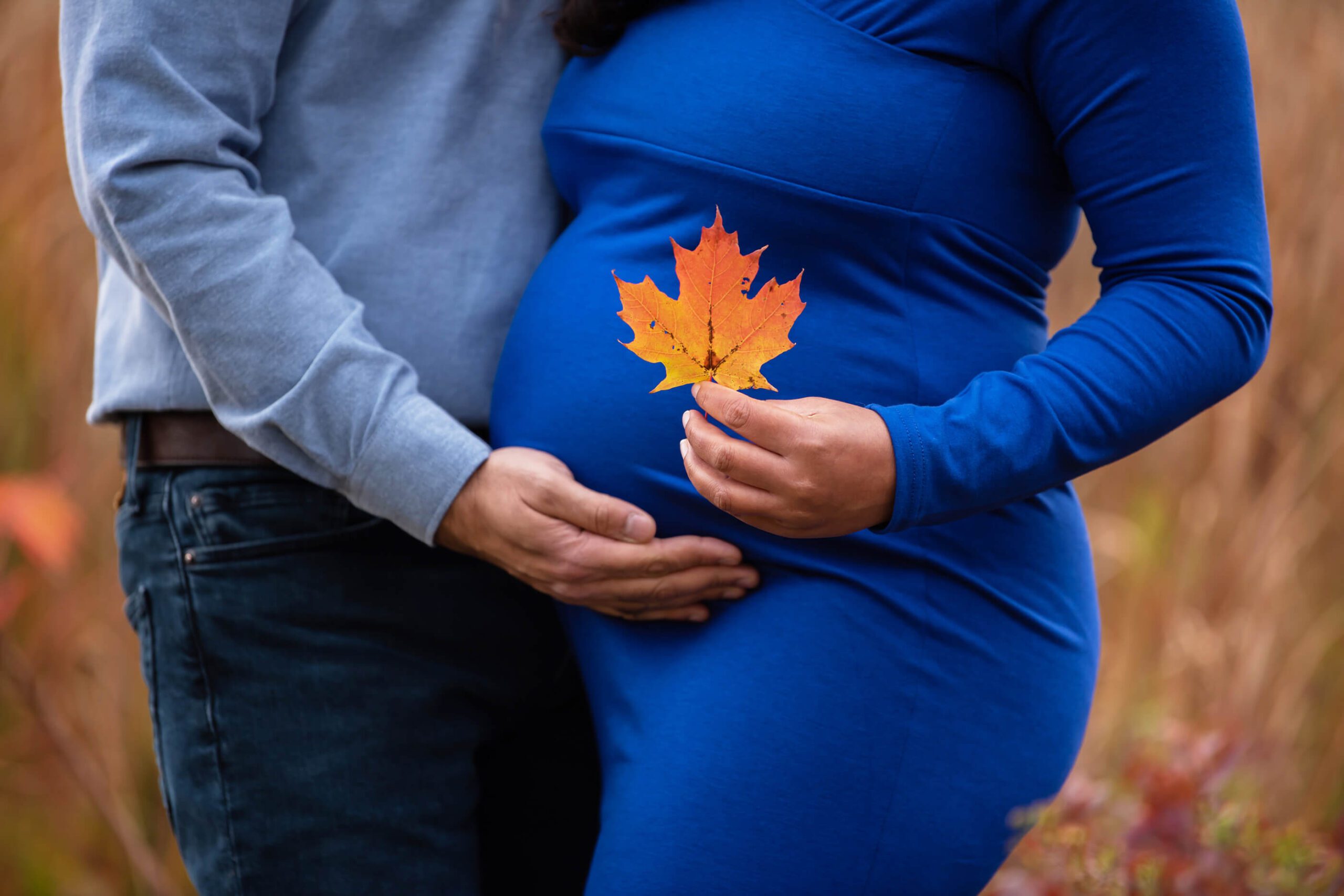 maple leaf with pregnancy belly Burlington Maternity Outdoor Session