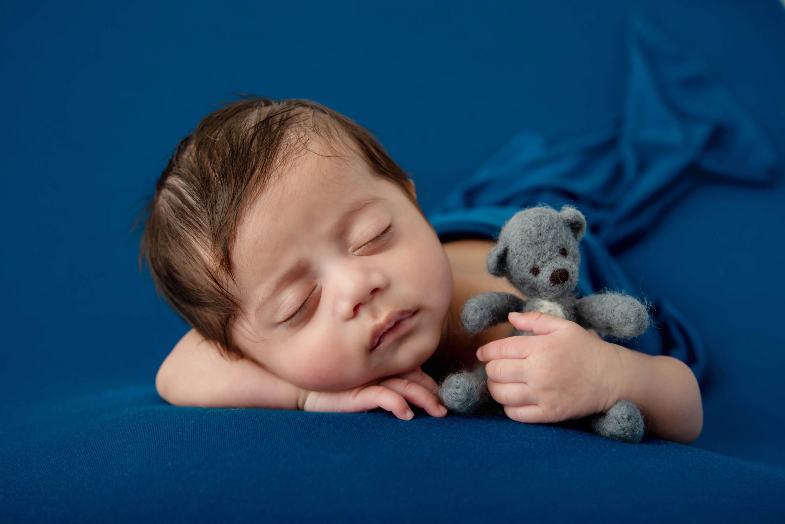 newborn baby boy on a blue background holding a teddybear Burlington newborn photography