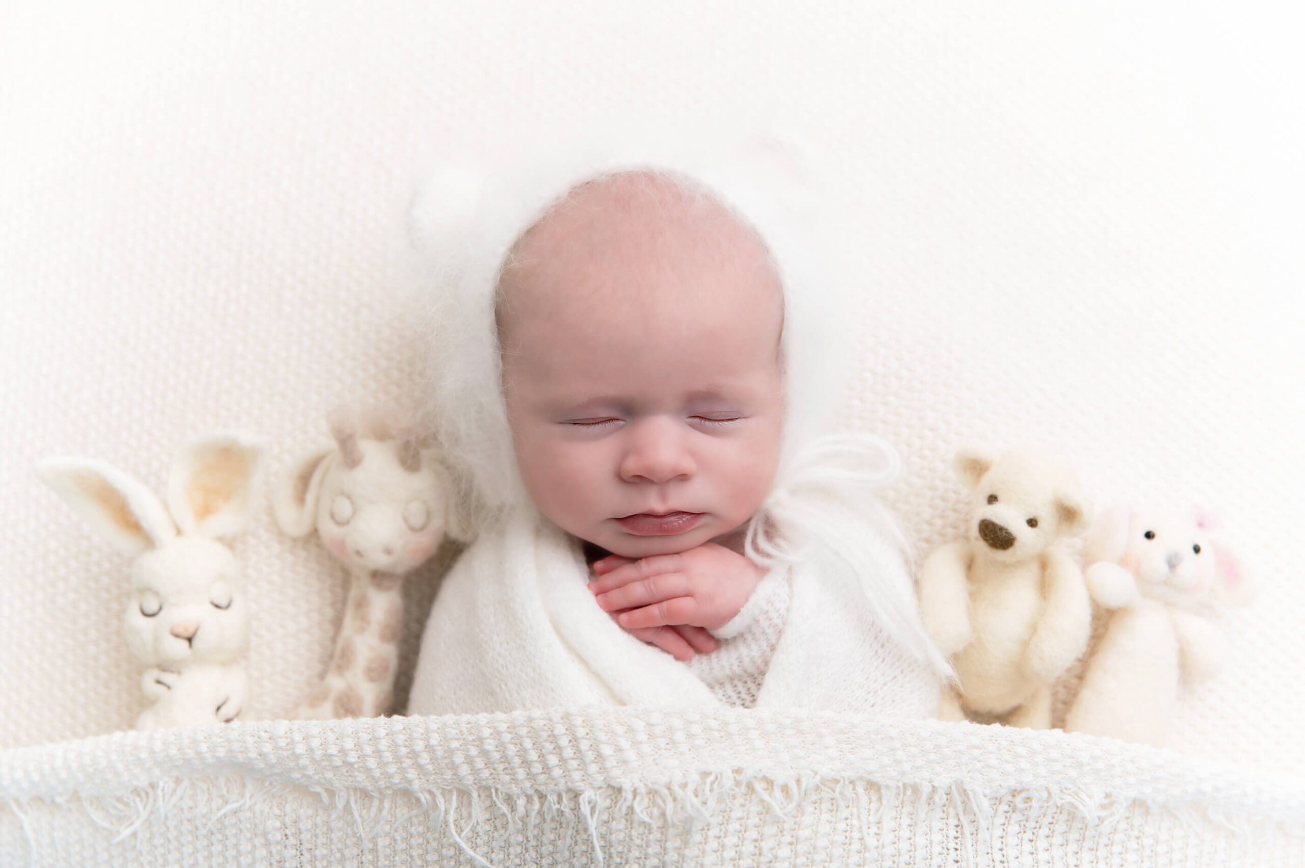 newborn girl in all white laying down with angora bear hat and lovies Cambridge newborn photographer