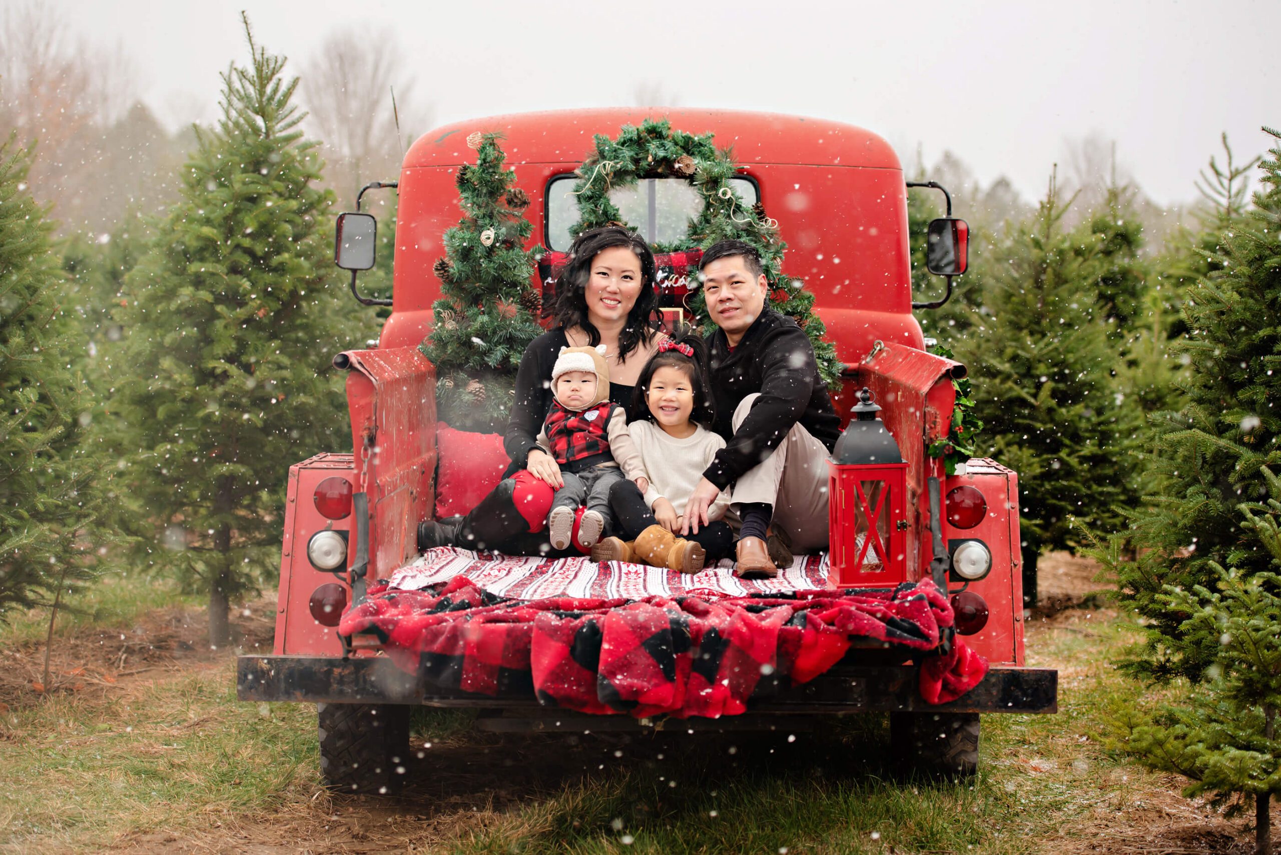 Christmas Photos Red Truck Tree Farm snowing with family