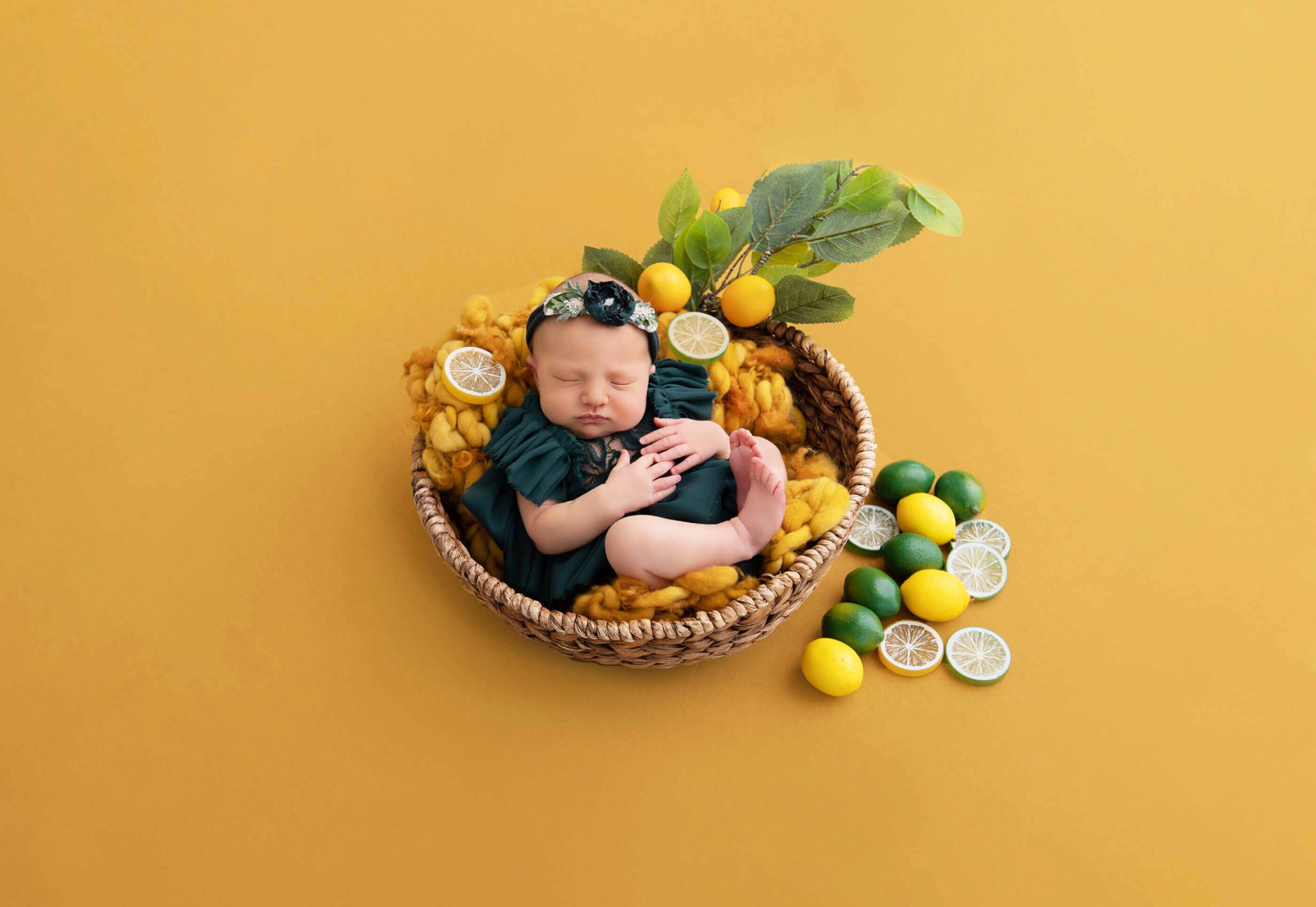 newborn baby girl in a bowl lemon and lime theme award-winning photo Cambridge newborn photography
