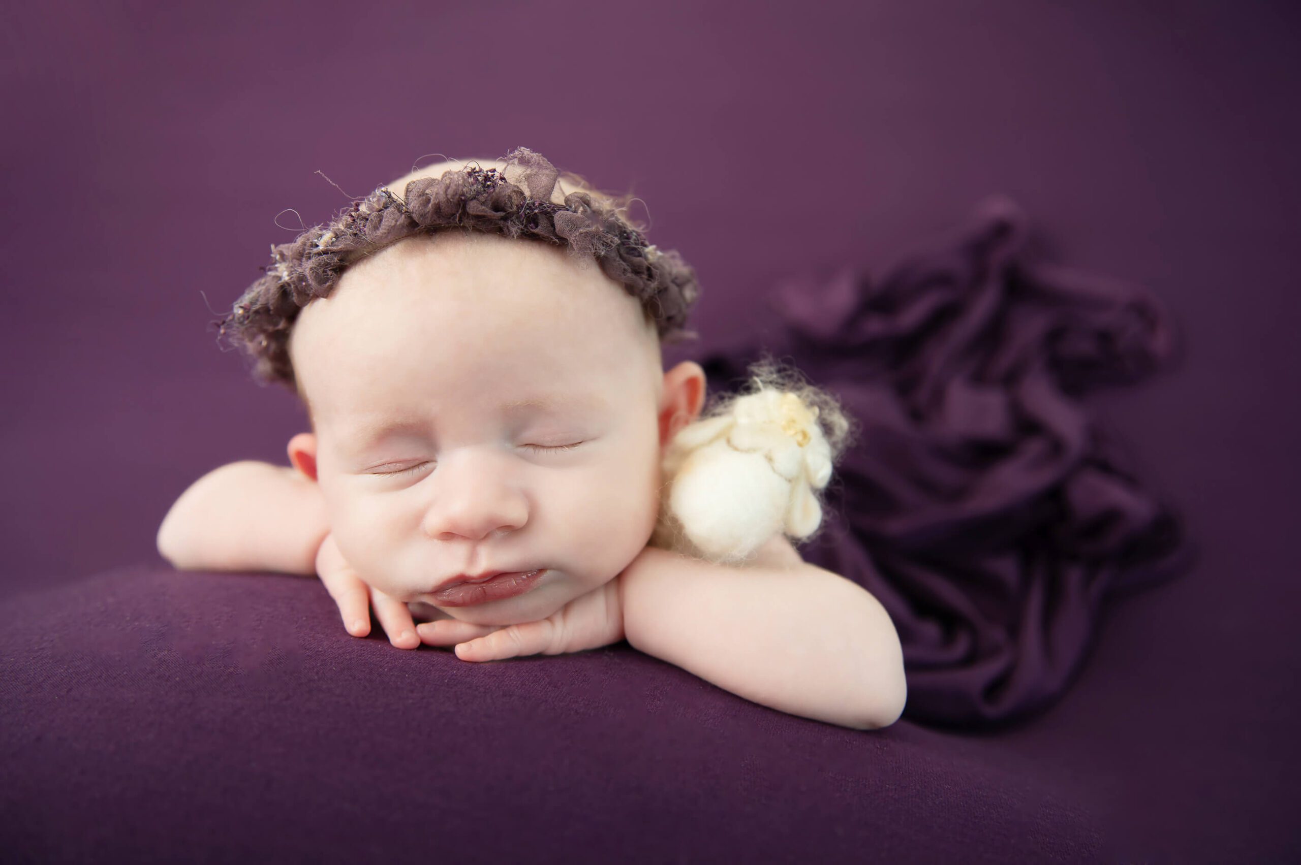 newborn baby girl laying on a purple background with purple headband holding a lamb Cambridge newborn photography