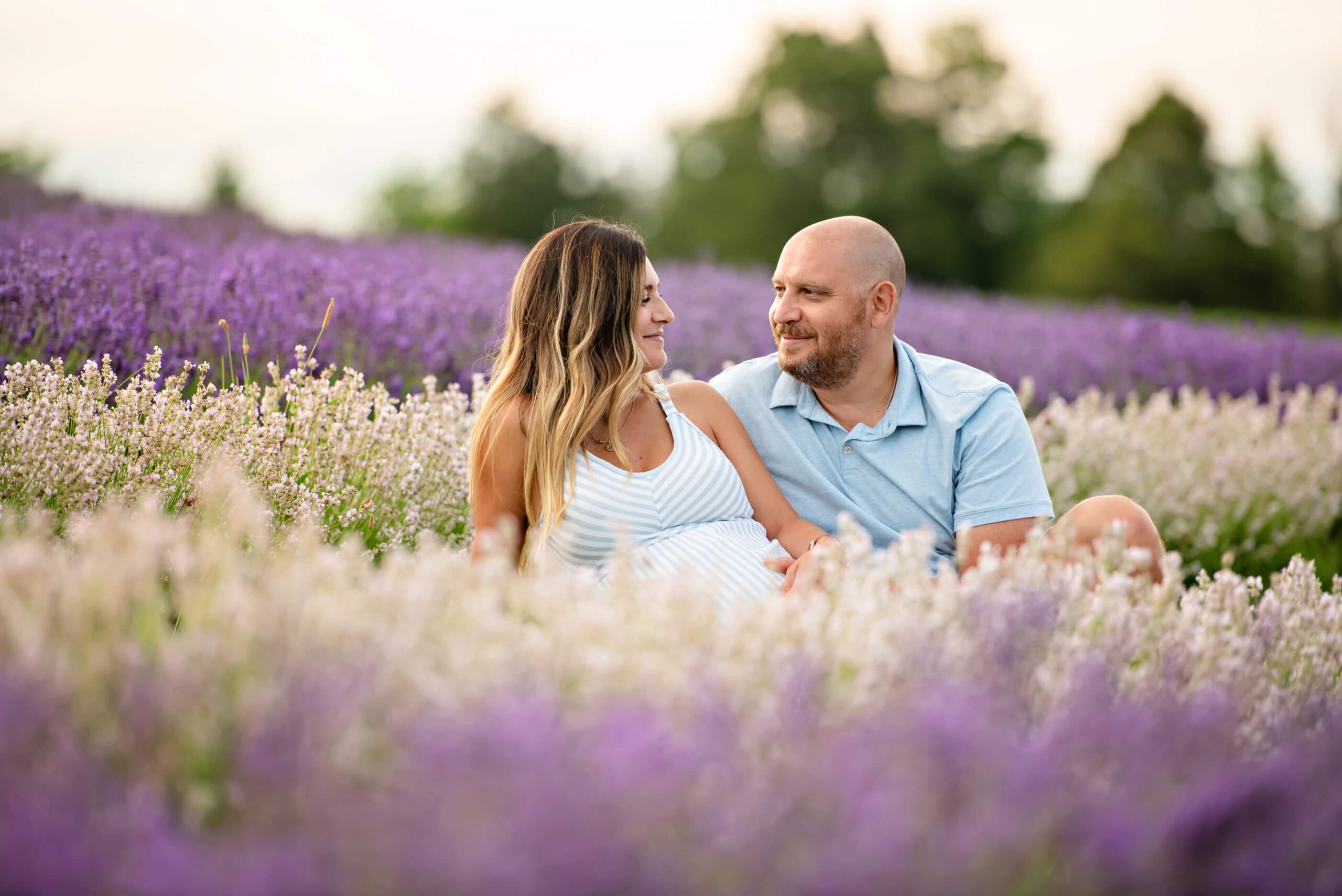 mom and dad sitting in a field of Lavender for their outdoor maternity photoshoot