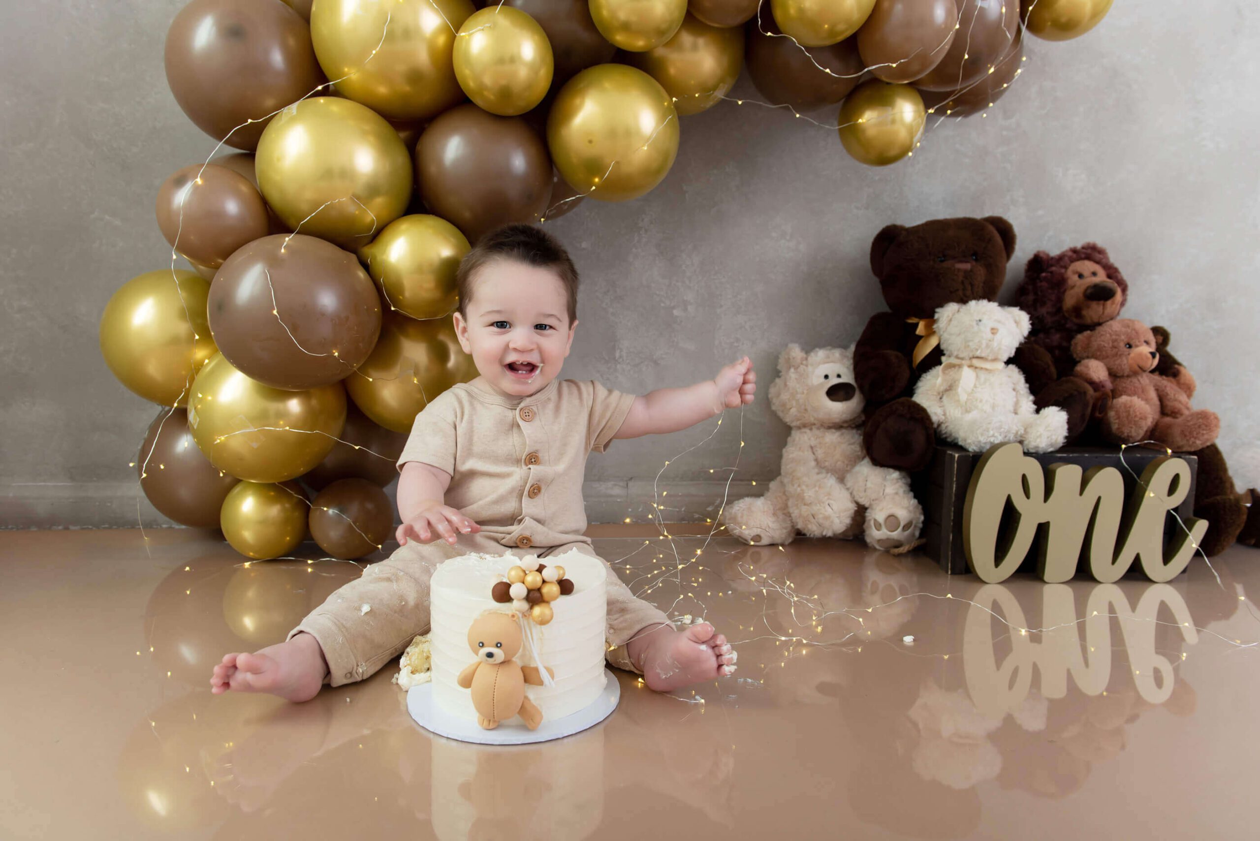 Teddybear brown and gold cake smash photography session