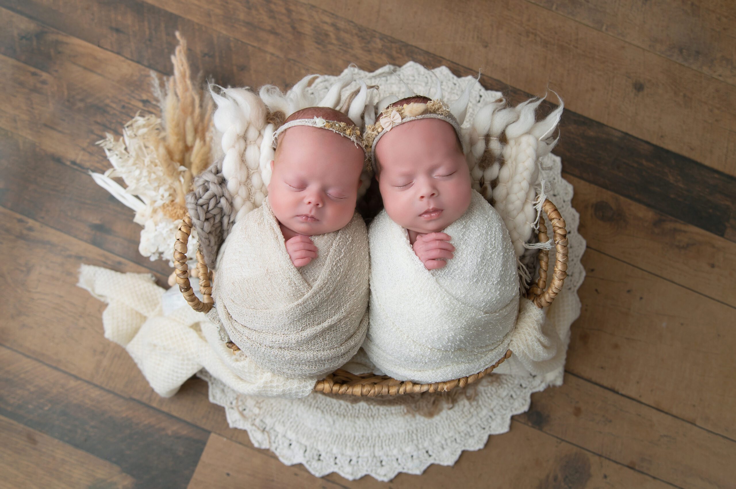twin newborn girls in a boho style setup in a basket Toronto newborn photography
