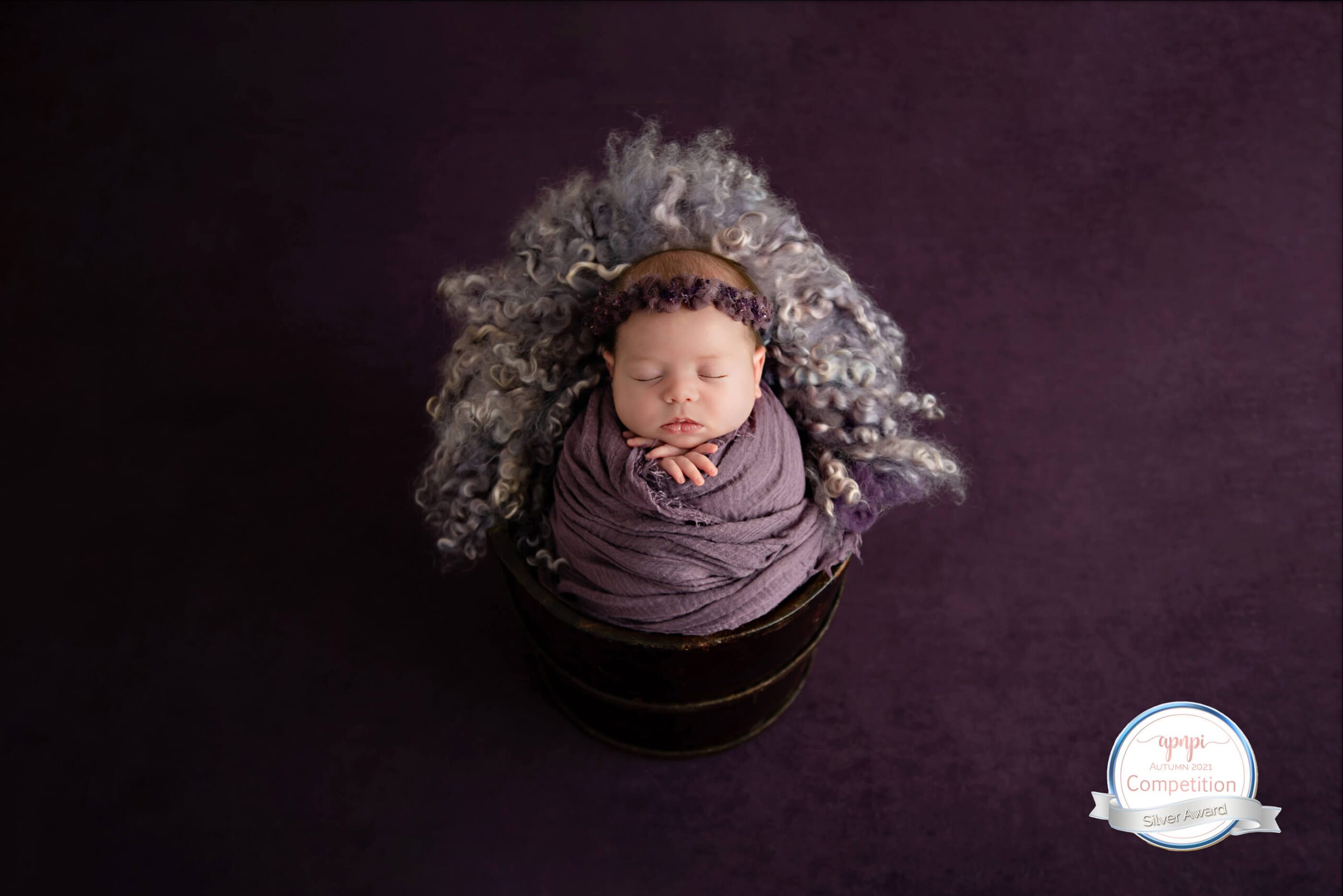 Burlington, Ontario newborn photographer all purple background and baby wrapped in purple on a purple fluffy rug.