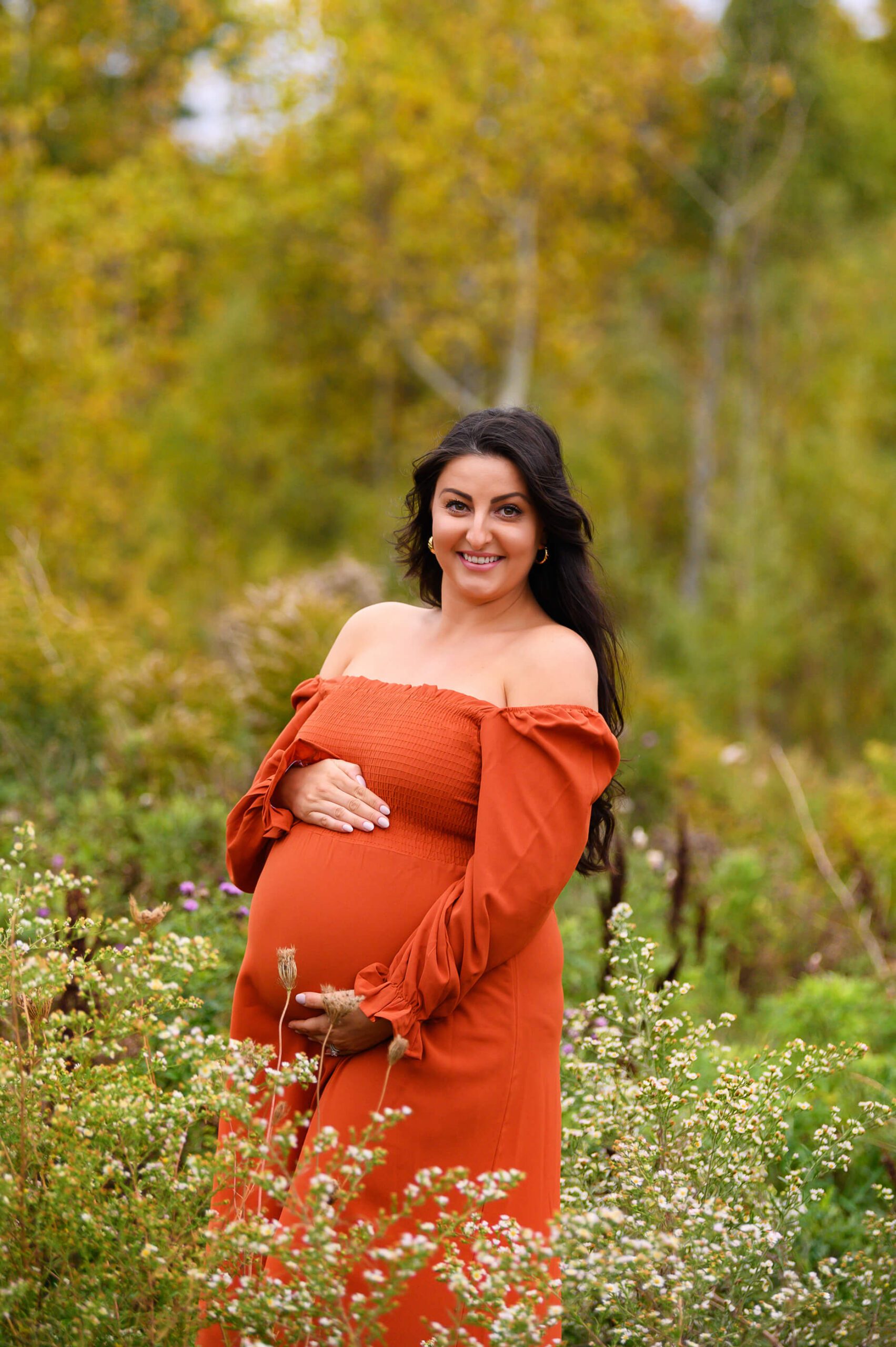 Burlington Ontario Outdoor Maternity Mom in Orange dress in the fall