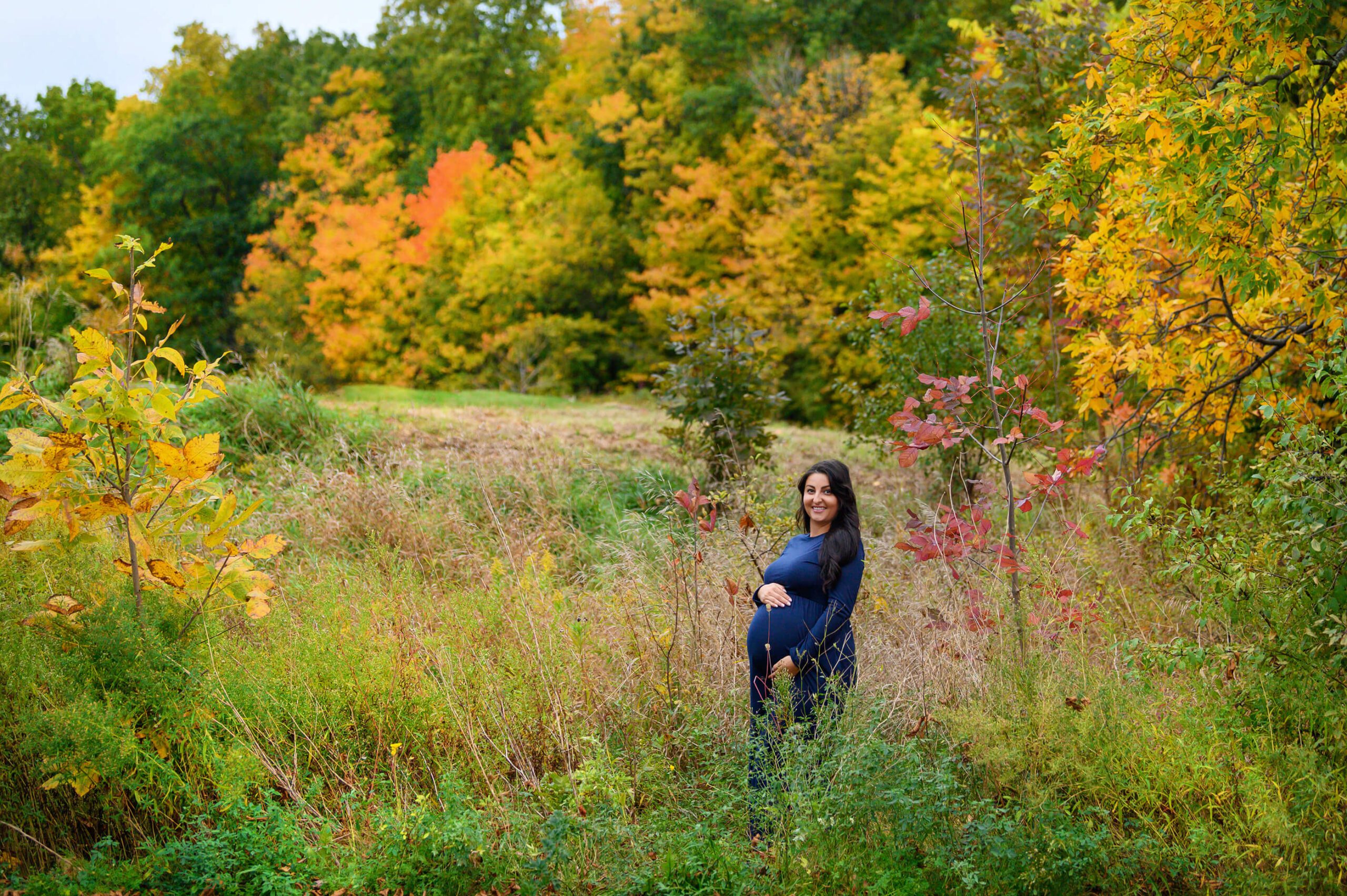 mom wearing a blue maternity dress in the fall foilage holding her belly Hamilton, Ontario