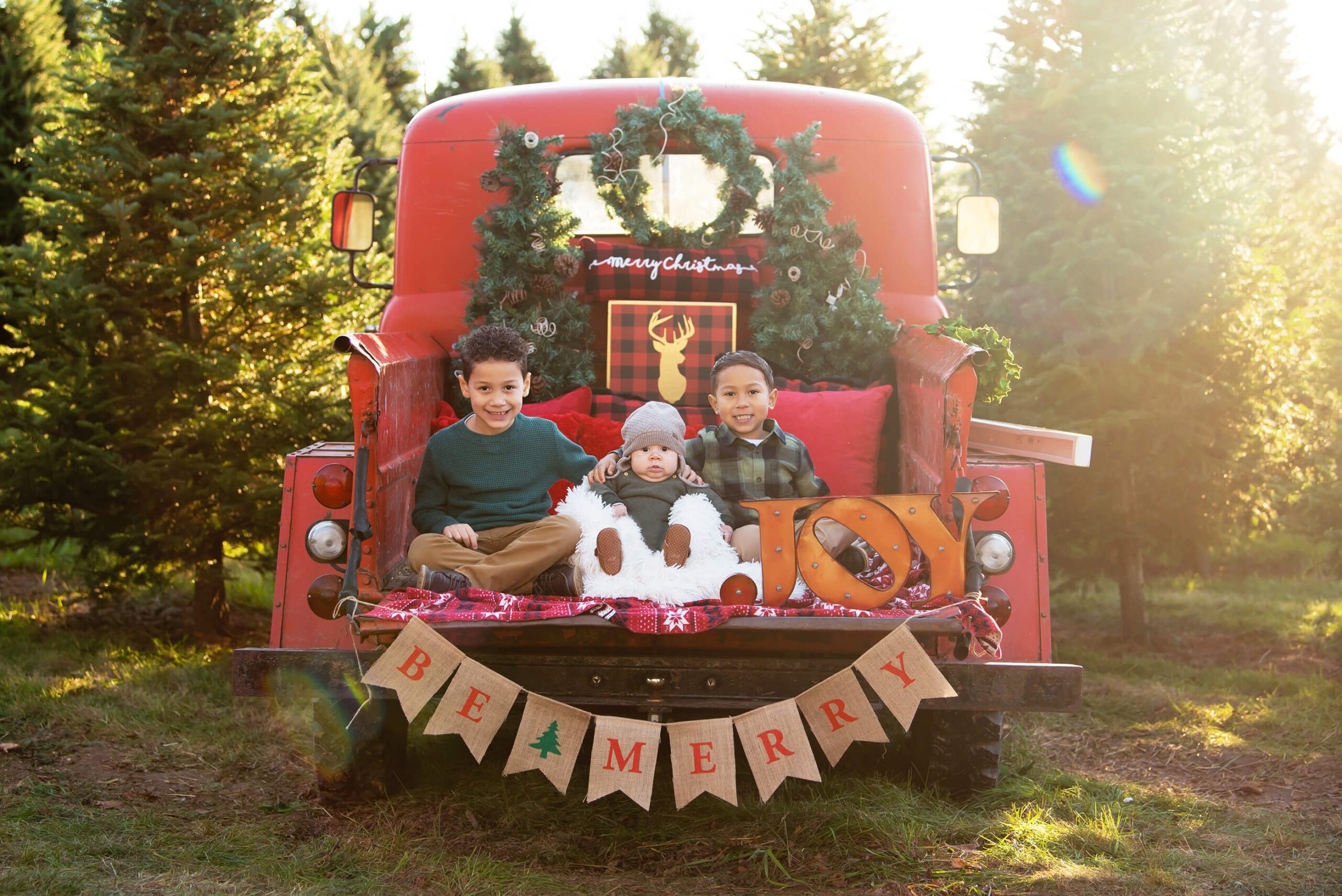 Three Boys sitting in a red truck, Hamilton Christmas Lights family photos