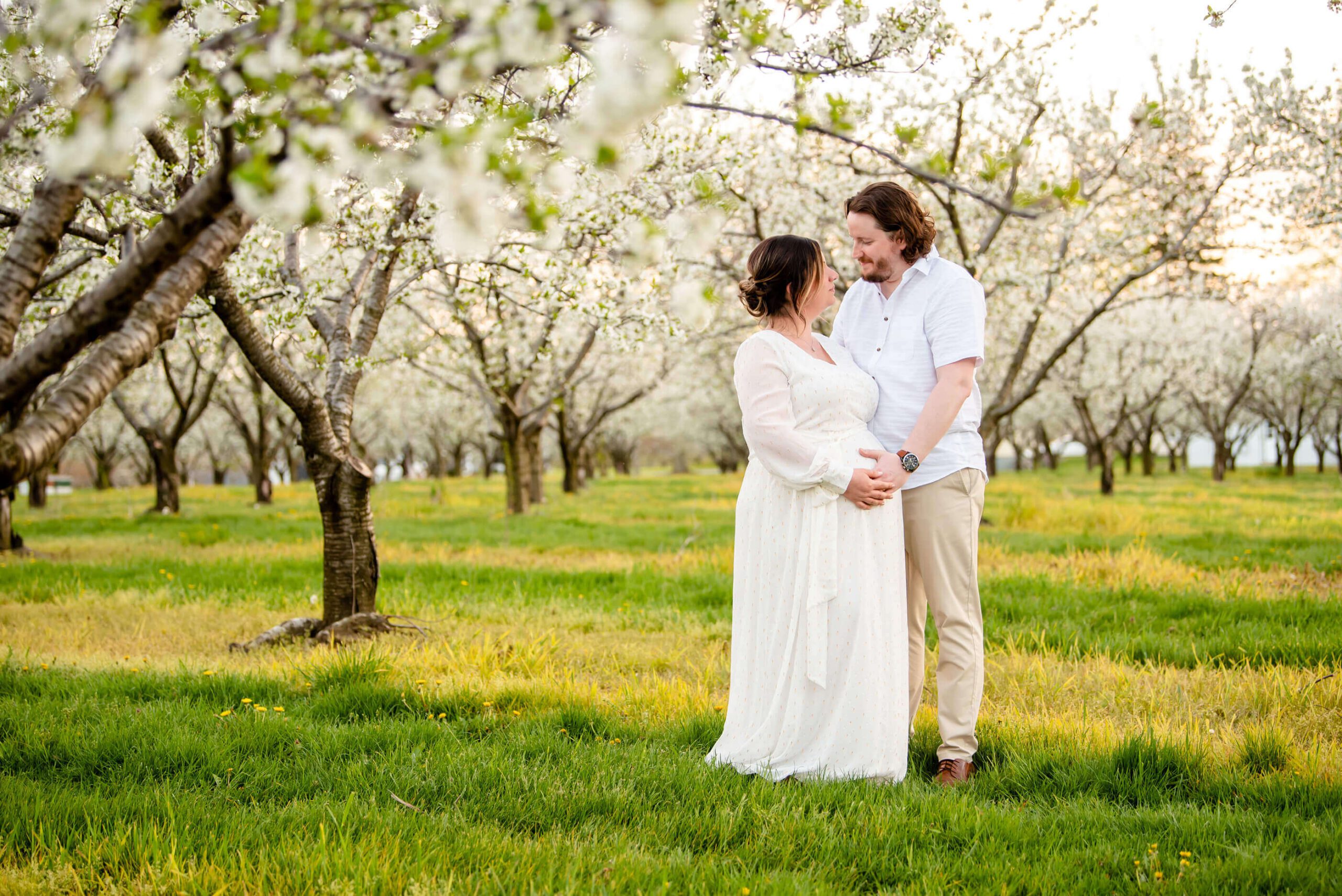 Maternity photo of mom wearing a white dress with husband in the white cherry blossom Toronto.