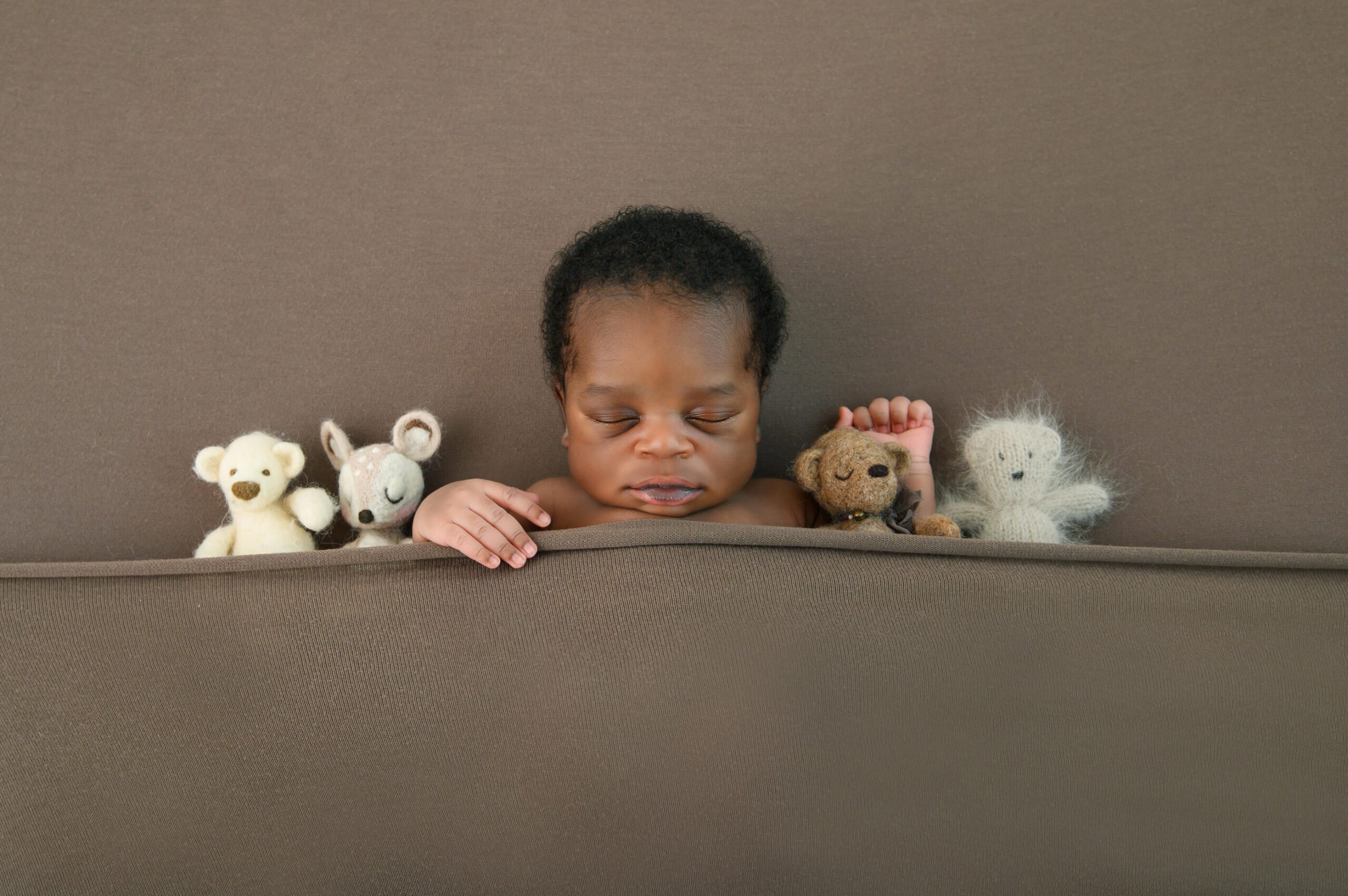 newborn baby boy laying on a brown background with little lovies. Toronto Newborn Photographer