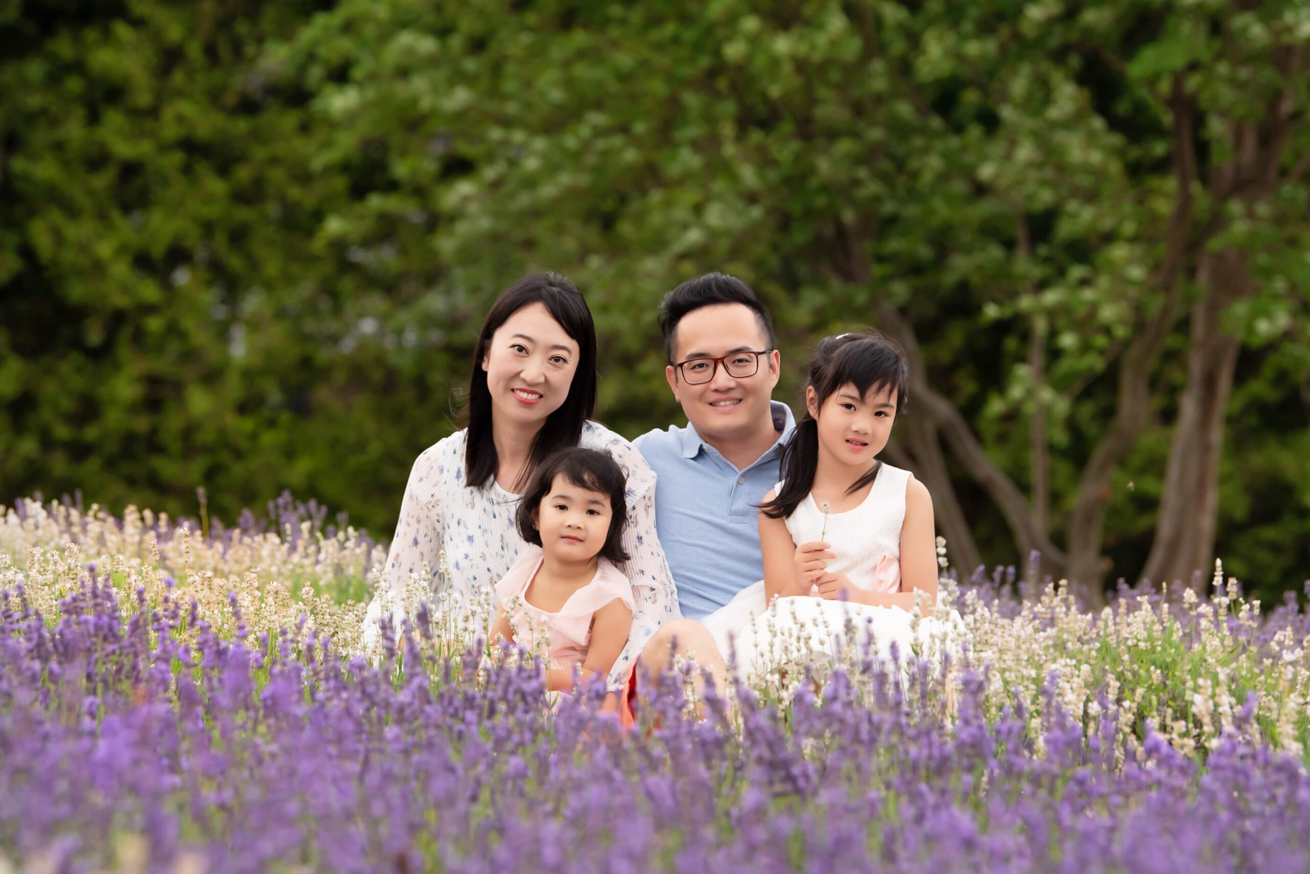 Mom and dad with their two daughters at Kelso Lavender Farm.